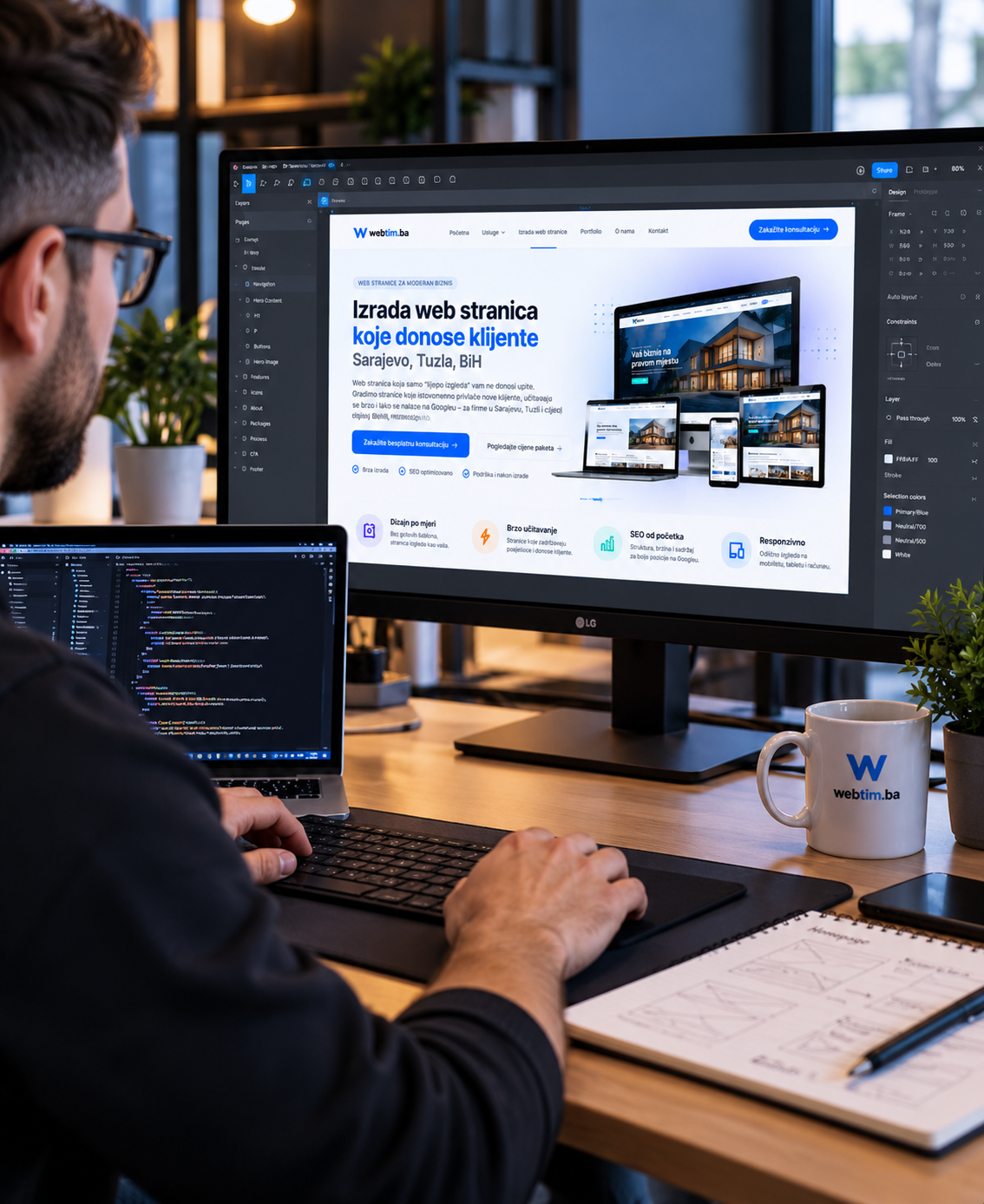 Programer.dizajner radi na izradi web stranice za klijenta, ekran sa dizajnom vidljiv